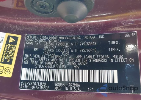 2018 Toyota Highlander Xle z USA, uszkodzony, nr VIN 5TDJZRFH8JS906164